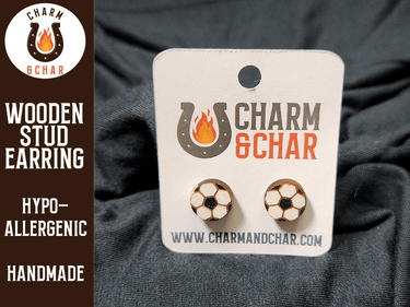 Soccer Ball Wood Stud Earrings - Sports Fashion Earring - Stud Earring - Charm and Char